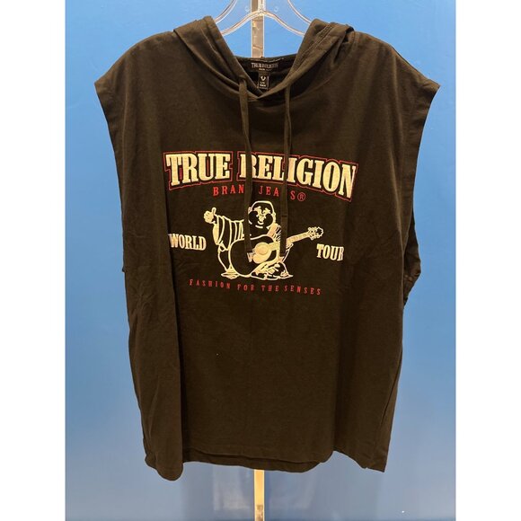 True Religion Mens Black Sleeveless Hoodie L Large NWOT Cotton - Picture 1 of 5